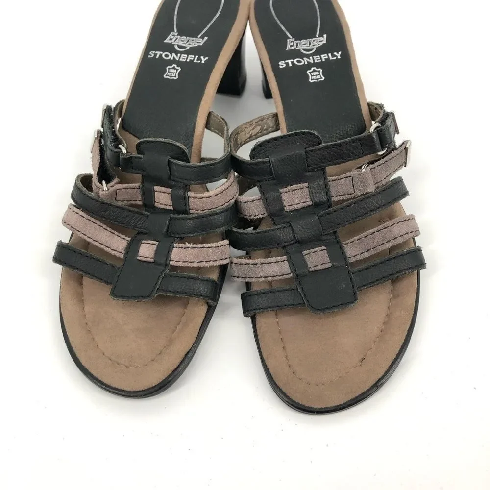 Stonefly Heeled Sandals‎ Womens 38 Black Cream Strappy Leather Slip On Open Back